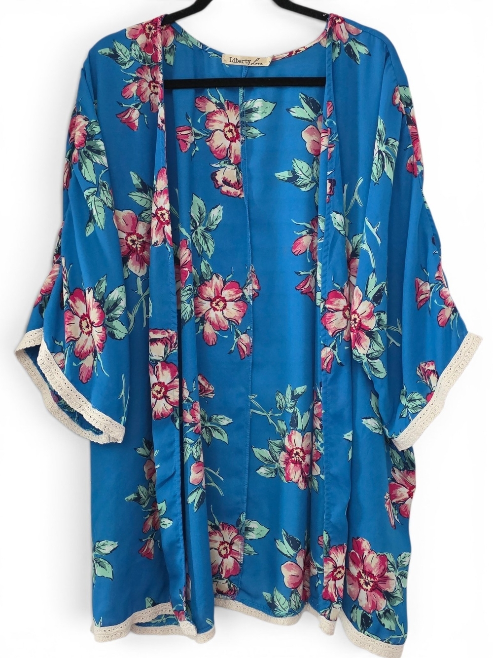 Liberty Love Bright Blue Floral Kimono with Pink Blooms